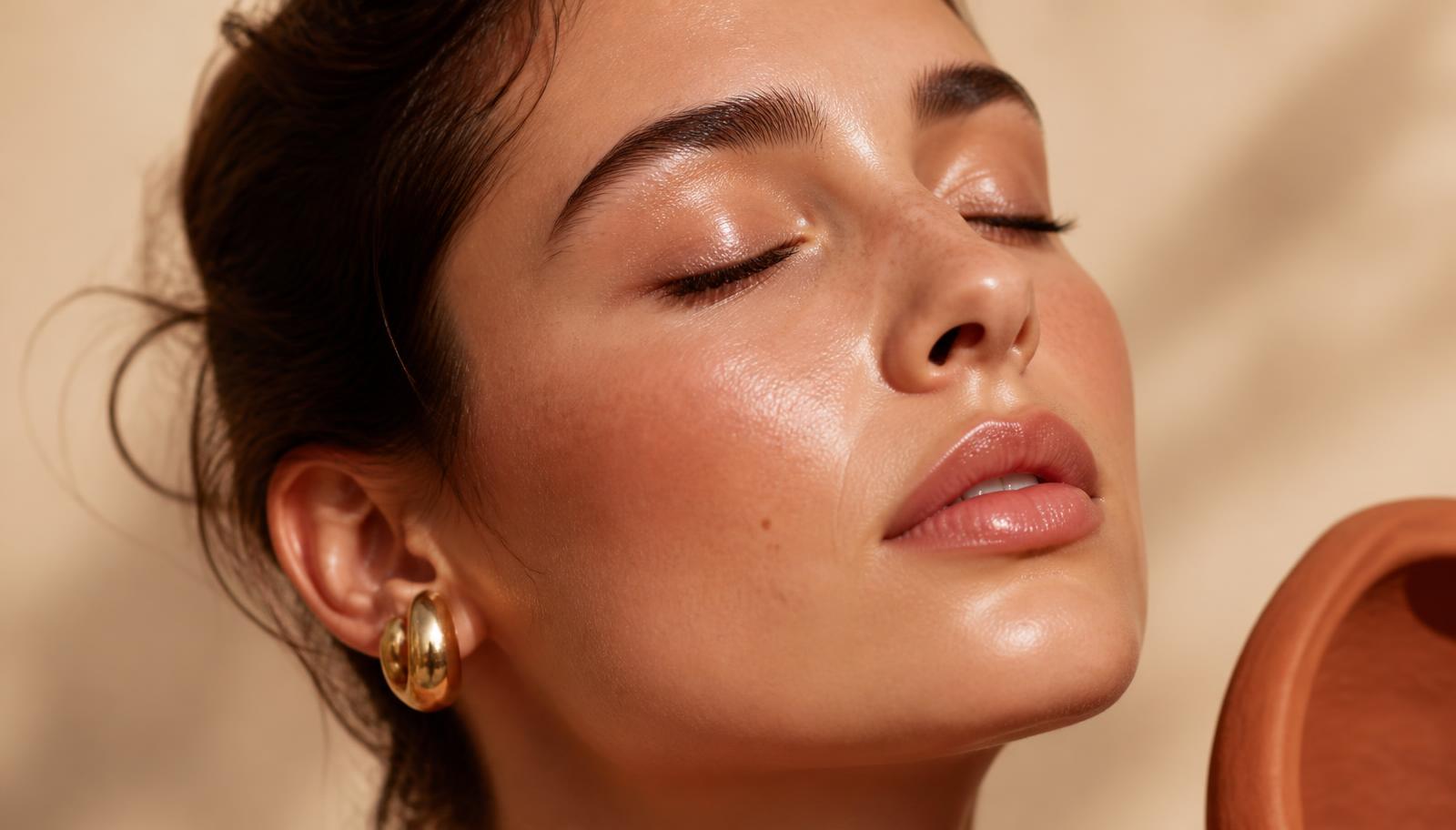 Woman with eyes closed receiving a gentle laser facial in warm golden light