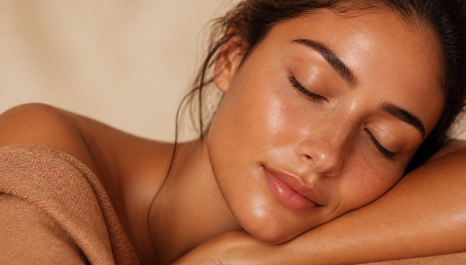 Woman resting peacefully after a Laser Genesis treatment in warm golden light